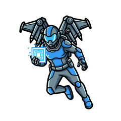 Fototapeta premium Futuristic Soldier with Jetpack and Glowing Cube.