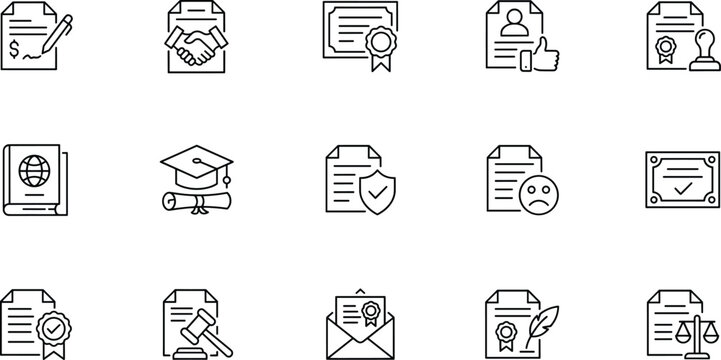 Contract and legal document vector icon set with agreement license passport degree certificate insurance complaint notary and legislation line symbols.