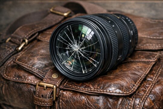A camera lens sitting on top of a brown bag, perfect for photography or filming equipment storage