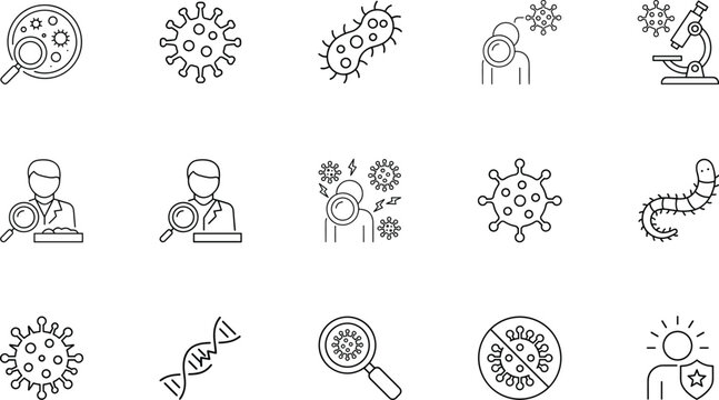 Microbiology and virus research vector icon set with bacteria microscope cell mutation lab scientist pathogen parasite and immune system line symbols.