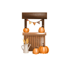 Illustration сart with pumpkins, Watering can. Autumn composition farm agricultural transport and vegetables hand drawn on isolated background for packaging design, label, postcards, holidays, clothes © Evgeniia