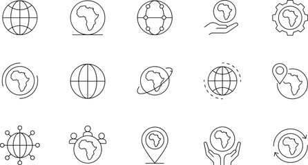 Africa continent map and global network vector icon set with world globe logistics navigation location pin and gear management symbols. © KOSAKA