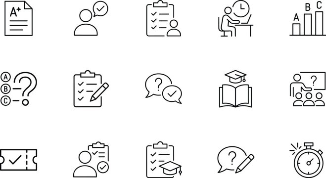 Education exam testing and school online quiz vector icon set with test result student questionnaire score survey and academic learning symbols.