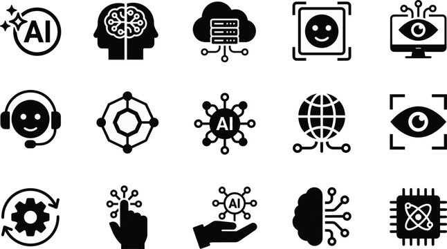 Artificial intelligence AI glyph icon set with machine learning neural network facial recognition chatbot computer brain microchip and computer vision symbols.