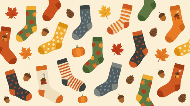 Seamless pattern of autumn socks with fall leaves, pumpkins, and acorns