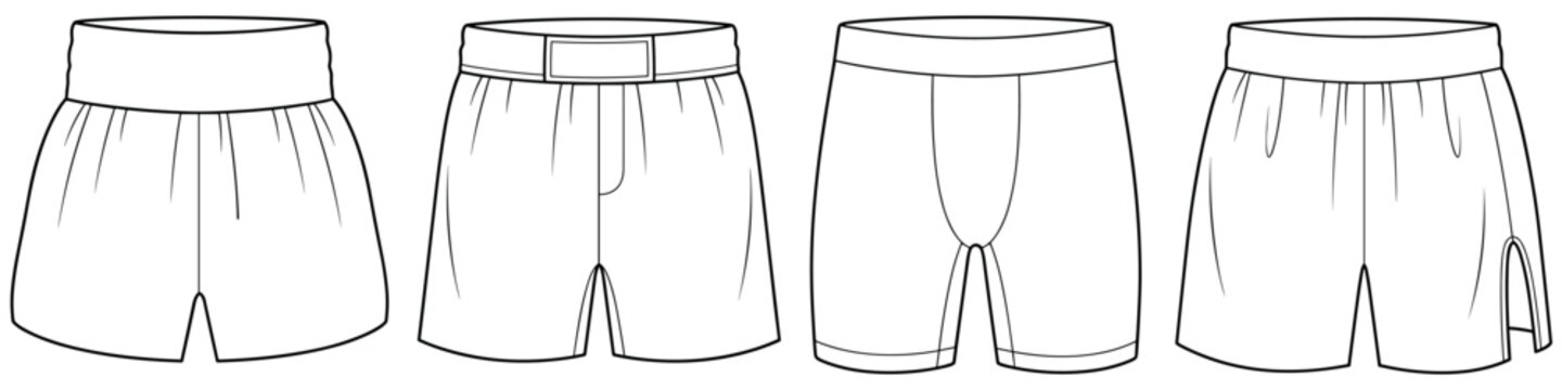 flat sketch set of mens underwear and loose boxer shorts vector illustration. CAD mockup.