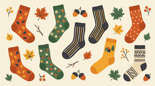 Autumn socks flat lay with fall leaves, acorns, and nature patterns