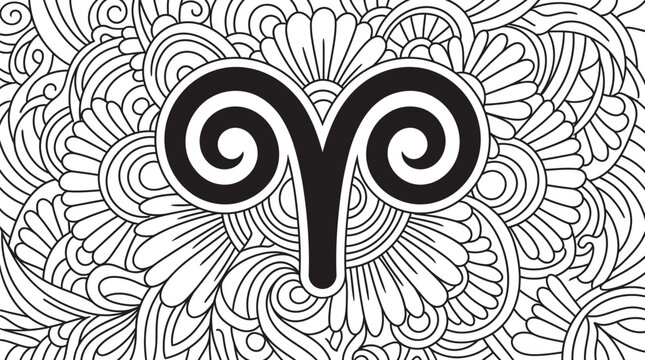Detailed black and white vector illustration featuring the bold aries zodiac sign for coloring books