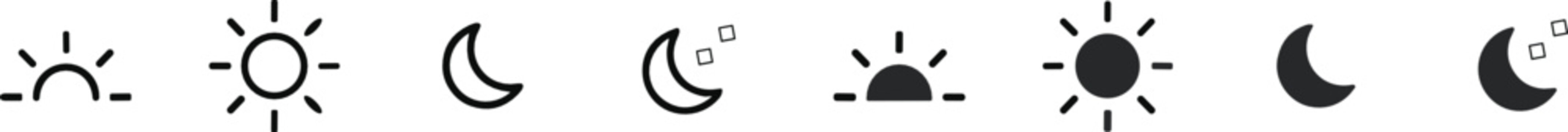 Sun and moon weather cycle icon set with sunrise sunset crescent night and day symbols for light dark mode interface design.