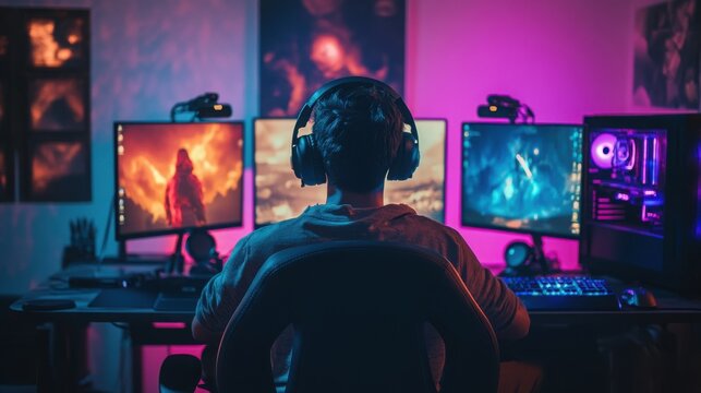 Gamer sits at a desk with multiple displays to play video games in a home environment filled with vibrant purple and blue ambient lighting.