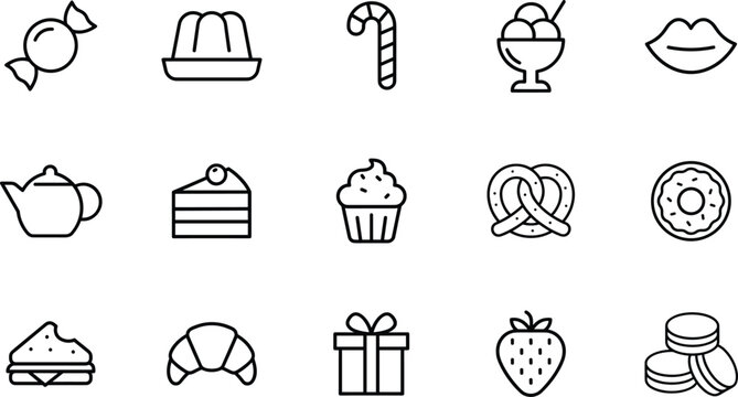 Dessert and bakery vector icon set with candy pudding cake ice cream donut cupcake croissant and sweet food confectionery line elements.