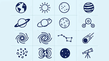 Set of Astronomy and Science Vector Icons on Light Blue Background © Vectora