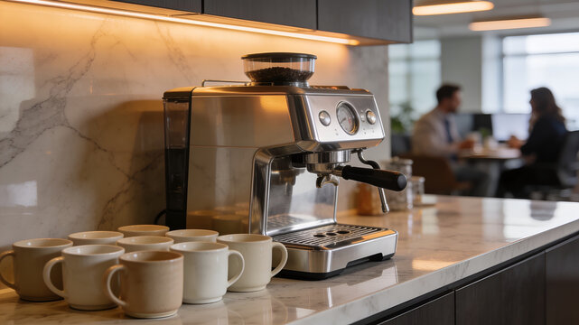Modern office coffee bar with espresso machine and ceramic mugs, generative AI.