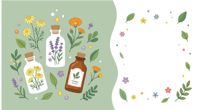 Detailed vector illustration of herbal medicine bottles surrounded by colorful flowers and green foliage leaves