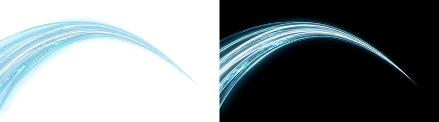 Light trail featuring glowing blue curved motion streak for creative design with PNG, Transparent and Black Background Versions © Tanay