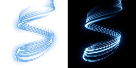 Light trail featuring glowing blue spiral motion effect for creative design with PNG, Transparent and Black Background Versions © Tanay