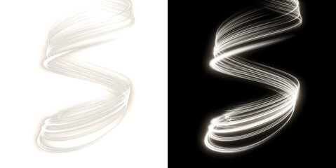 Light trail featuring glowing white spiral motion effect for creative design with PNG, Transparent and Black Background Versions © Tanay