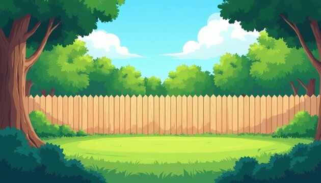 Cartoon backyard scene with wooden fence green grass trees and blue sky with clouds. Simple flat illustration perfect for kids themes or nature designs background.