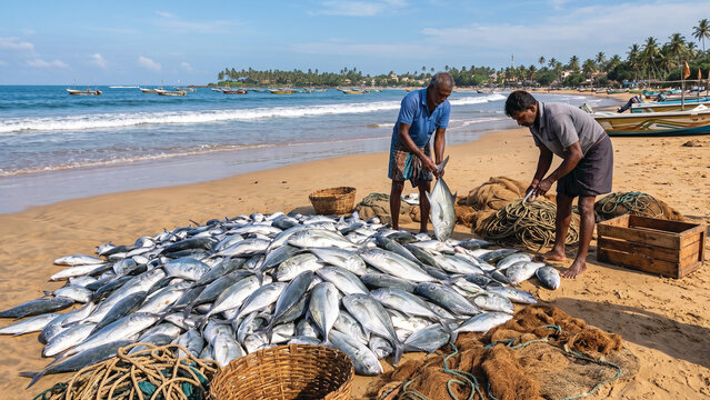 Giant Trevally Fish Catch on Bentota Beach Sri Lanka &ndash; Traditional Coastal Fishing &ndash; Premium DSLR Photography