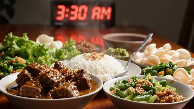 Suhoor Meal with Rendang, Rice and Vegetables at 3:30 AM - A delicious Suhoor meal, featuring Rendang, steamed rice, and assorted vegetables, is laid out on a wooden table with a digital clock in the