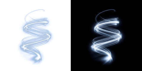 Light trail featuring radiant white spiral energy streak for creative design with PNG, Transparent and Black Background Versions © Tanay
