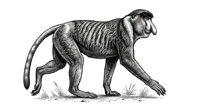Detailed vintage engraving style etching of a proboscis monkey walking on the ground