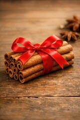 Fototapeta premium A bundle of cinnamon sticks tied with a red ribbon on a rustic wooden table