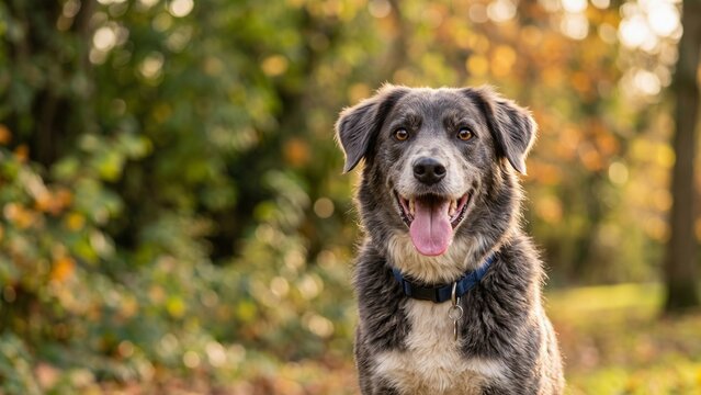Happy Mixed Breed Dog Smiling with Tongue Out in Sunny Autumn Park