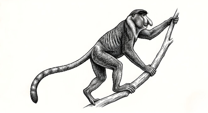 Vintage engraving style illustration of a proboscis monkey climbing a tree branch