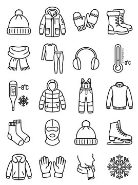 Cold Weather Clothing and Accessories Line Icons Set