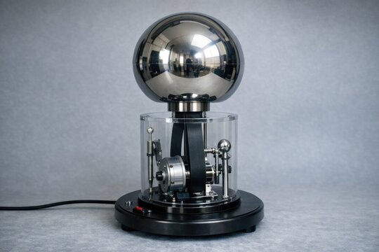A single silver ball perched on top of a black pedestal, simple and sleek