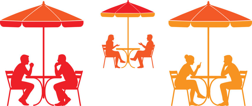 People sitting at outdoor cafe tables under umbrellas vector icon set with umbrella restaurant relaxing drinking lifestyle customer business vacation environment illustration