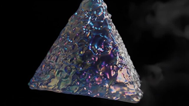 Vibrant Holographic Liquid Prism Abstract - A close-up shot of a triangular prism with a vibrant, iridescent, and rippling liquid texture.
