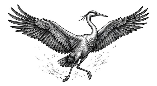 Artistic vintage etching of a crane bird spreading its wings in flight