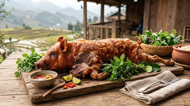 Lon Cap N&aacute;ch Roasted Pork with Fresh Herbs on Rustic Table