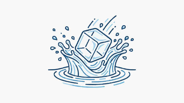 Ice cube splashing into water illustration.