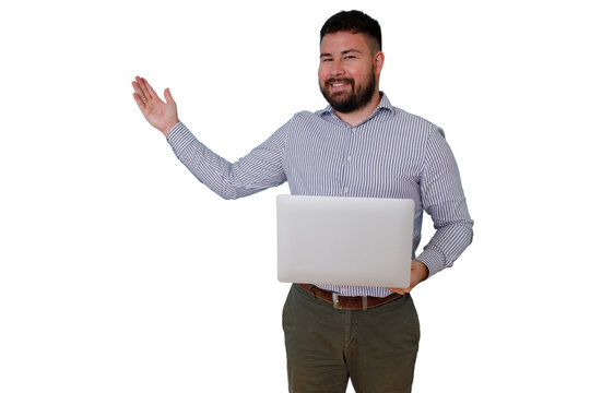 Cheerful man holding a laptop, smiling and pointing, showing a concept or product with copy space, transparent background