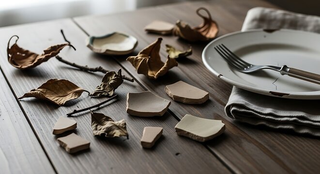Rustic tabletop composition with broken ceramic pieces and autumn leaves.