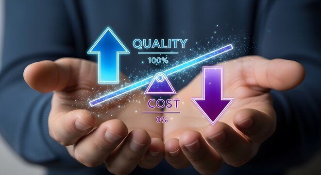Conceptual balance of increasing quality and decreasing cost as transparent PNG