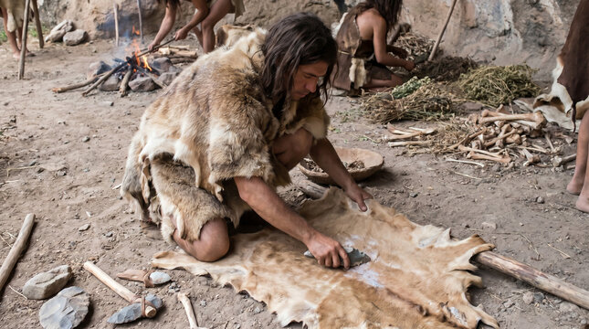 Cave Dweller Working Animal Hide with Stone Tool in Primitive Camp
