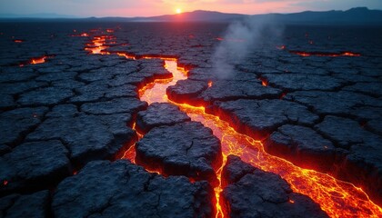 Fototapeta na wymiar Molten lava flows through cracked volcanic earth under setting sun. Glowing orange magma sepic from fissures, creating harsh, fiery landscape. Steam rises from hot ground, illustrating geological