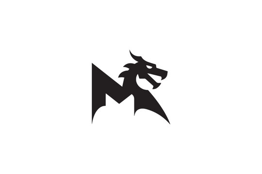 Emblematic monogram 'mr' with a fierce dragon head and wings symbol