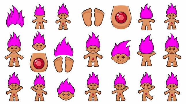 Cute Troll Dolls Collection, Pink Hair, Gemstone Belly Button, Isolated on White