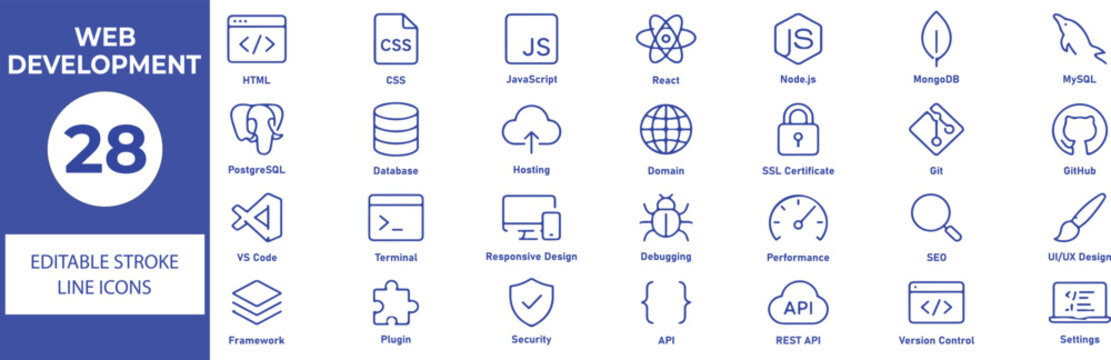 Web Development Vector Outline Icons Set &ndash; HTML, CSS, JavaScript, React, APIs and Programming Line Symbols Collection