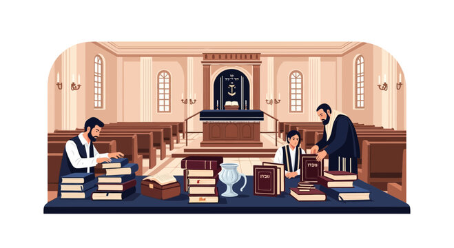 Jewish community members gathered in a synagogue for prayer and study with sacred texts.
