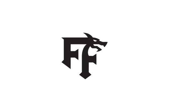 Fantasy dragon logo ff monogram emblem fiery creature design symbol
