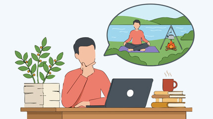 Fototapeta premium Man at desk dreaming of meditation and nature escape, work-life balance concept
