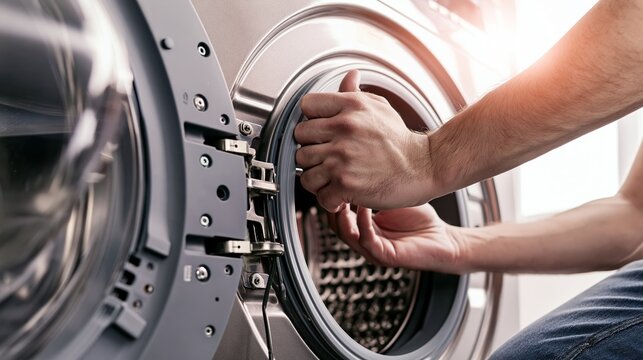 Technician repairing washing machine, adjusting components in drum, providing home appliance maintenance service