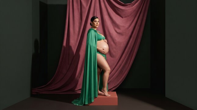 Elegant pregnant Latina model in emerald maternity bikini cradles her belly beside a flowing silk cape, dramatic high-fashion studio editorial with ample copy space