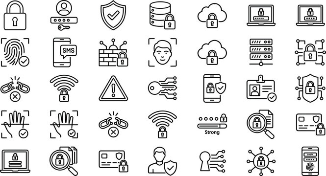 Cyber Security and User Authentication Line Icon Set with Biometric Scans Strong Password Verification Cloud Storage Firewalls and Network Protection Symbols